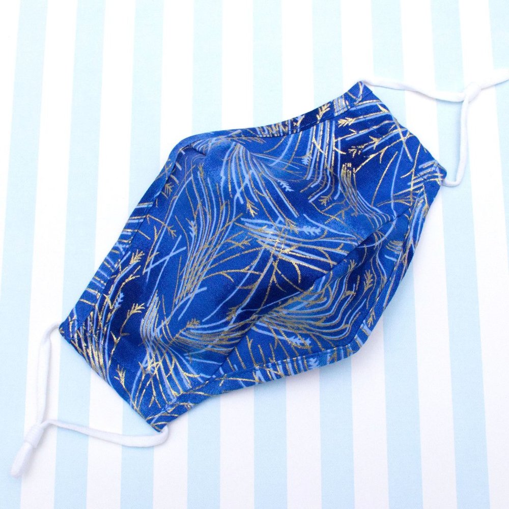 Blue Floral Gold Foil Face Mask